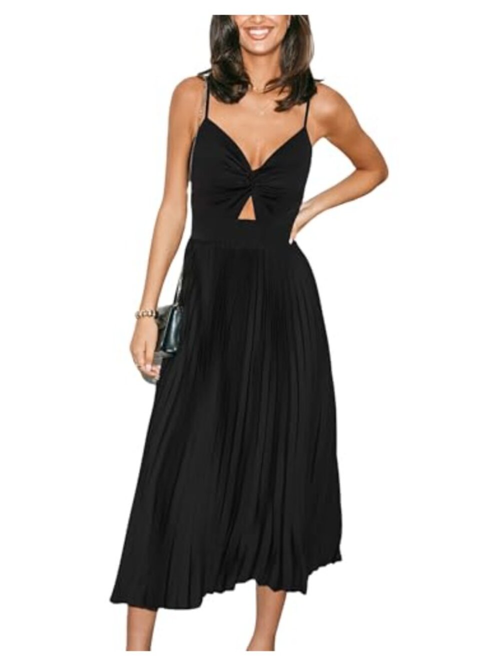Pleated Cutout Midi Dress Spaghetti Strap Fit Flare Formal Party